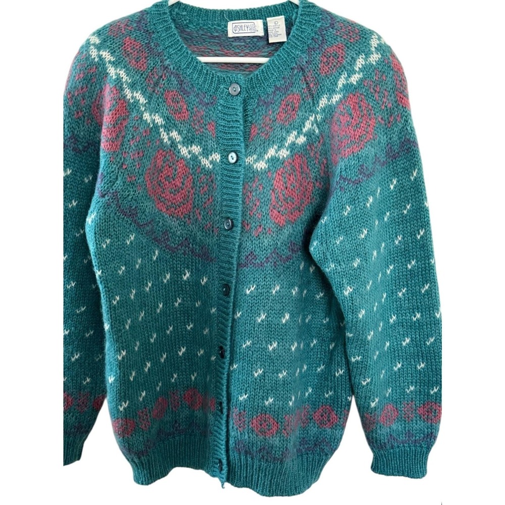 Vintage 90's Ashley Mohair Cardigan Sweater Sz Large Fairisle Roses Pink Green